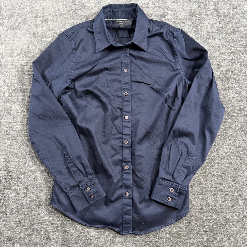Banana Republic Womens Tailored Fit Navy Blue Button Down Shirt Stretch Size 2